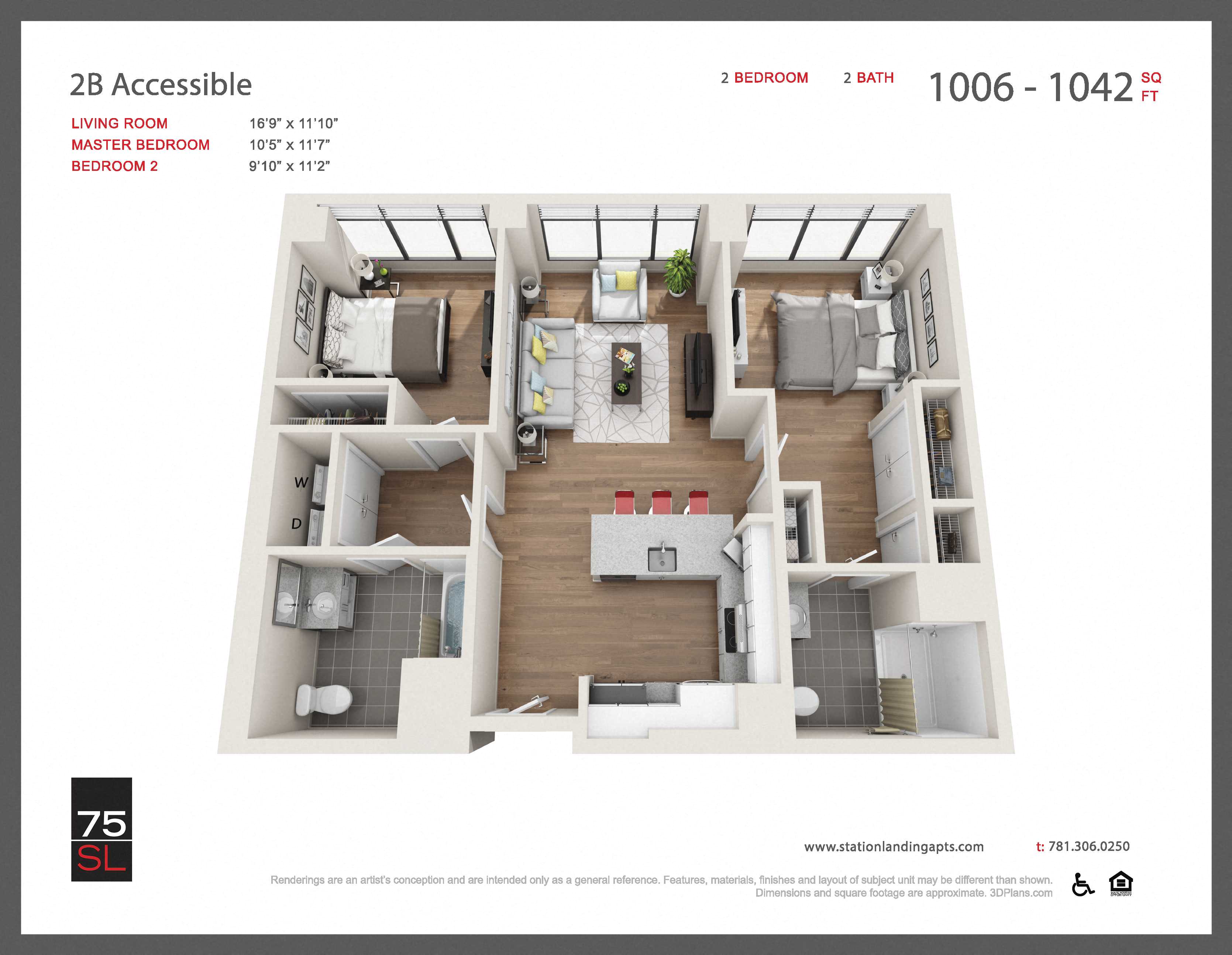 Floor plan for 2 beds, 2 baths